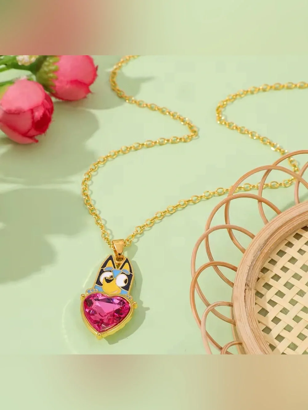 Bluey Holding Ruby Colored Heart Gold Tone Pendant Necklace Disney Character